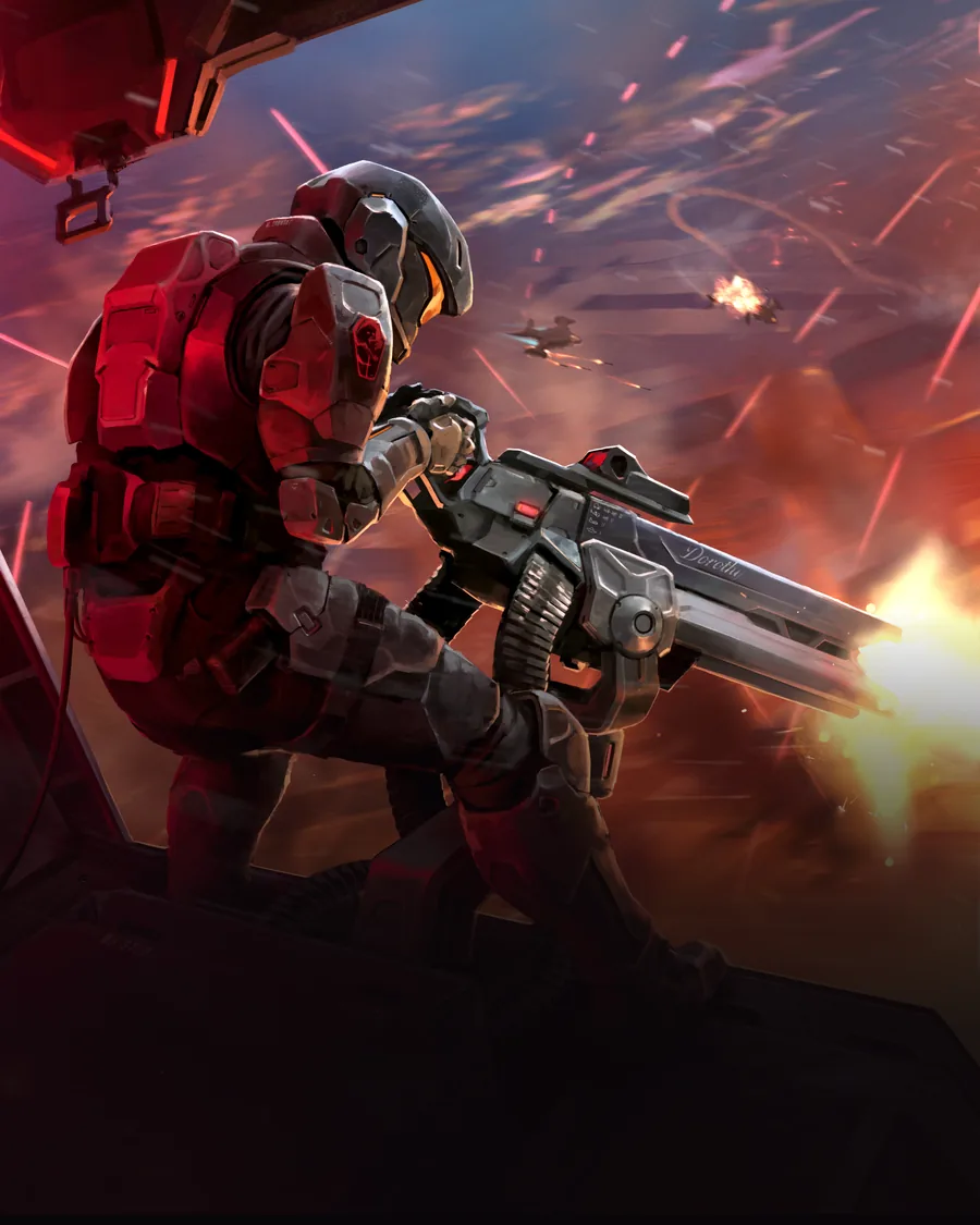 A legionnaire in red armor fires a heavy blaster in the middle of a battle